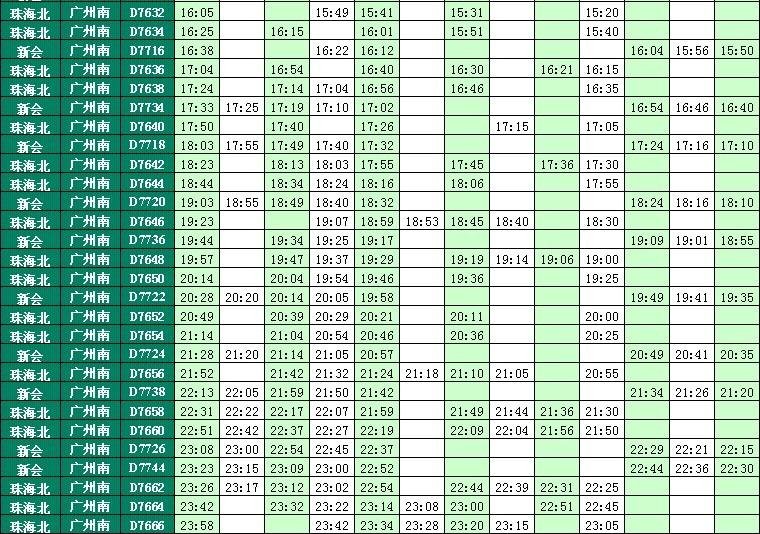 广州南站到珠海拱北轻轨时刻表