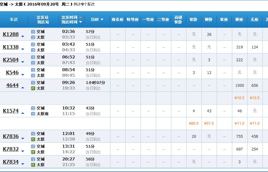 9月20号交城到太原南的火车票