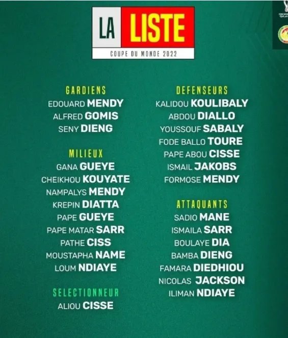 塞内加尔公布世界杯名单 马内带伤入选