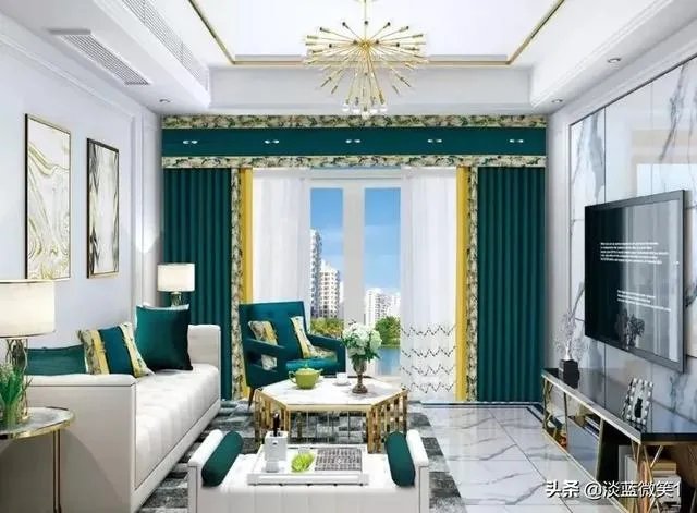 家具是胡桃色,沙发是浅灰色加孔雀蓝,请问该怎么选窗帘?