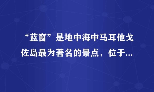 “蓝窗”是地中海中马耳他戈佐岛最为著名的景点，位于一个悬崖的尽头，是一个由石灰岩形成的天然拱门，透过大门，游人可以看到海天一色的壮观景色。读图，下列地貌与“蓝窗”属于同一类型的是（　　）A. 沙滩B. 海蚀崖C. 风蚀柱D. 石钟乳